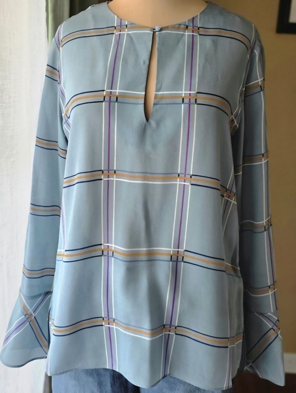 Massimo‎ Dutti 100% Silk Plaid Blouse Blue Flared Cuff Keyhole Large Old Money